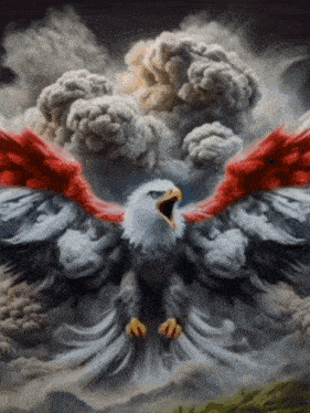 a painting of an eagle with red and white wings