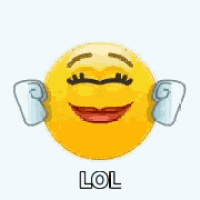 a yellow smiley face with white gloves on its hands and the words lol on it .