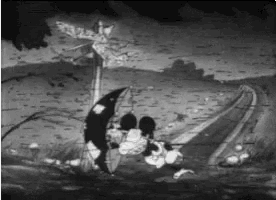 a black and white cartoon of mickey mouse and minnie mouse sitting on a crescent moon in a field .