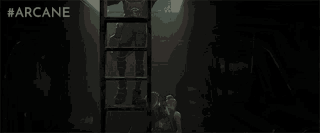 a man is standing on a ladder in a dark room with the word arcane written on the bottom