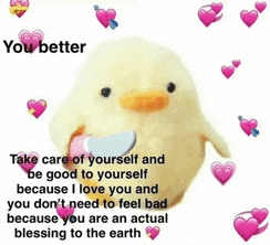 a stuffed duck with a knife in its mouth is surrounded by pink hearts and the words you better take care of yourself