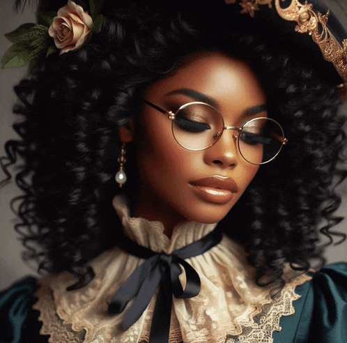 a woman with curly hair wearing glasses and a hat