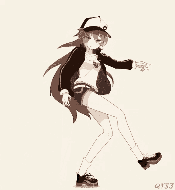 a drawing of a girl dancing with the letters qys3 on the bottom left