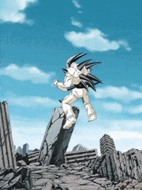 a cartoon character is jumping over a pile of destroyed buildings