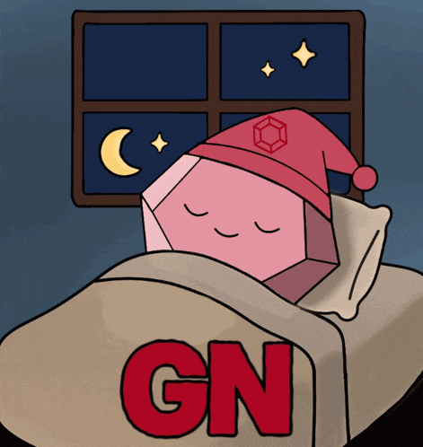 a cartoon of a pink cube sleeping in a bed