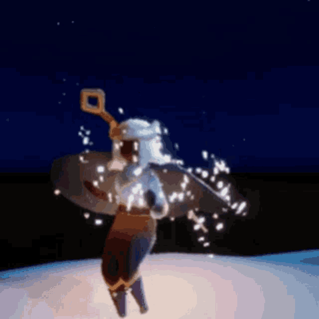 a person in a video game is standing in the snow and holding a sword in their hand .