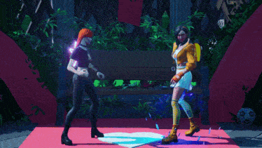 two women are playing a video game and one of them is holding a blue sphere