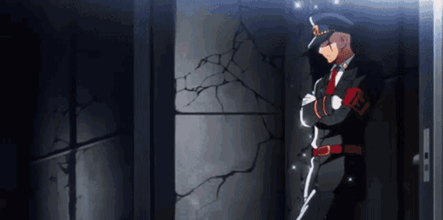 a man in a military uniform is standing in a dark room with a gun .