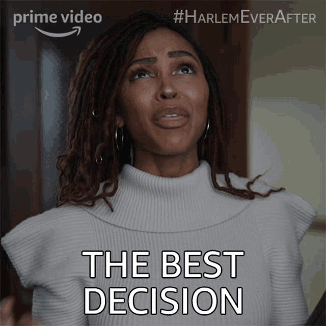 a woman in a white sweater says the best decision on a prime video ad