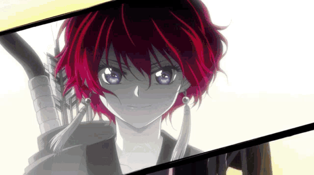 a girl with red hair and blue eyes is holding an arrow