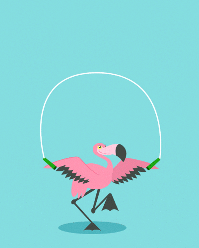 a pink flamingo jumping a jump rope with a green bottle in its beak