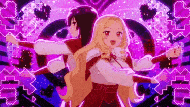 two anime girls are standing next to each other on a stage .