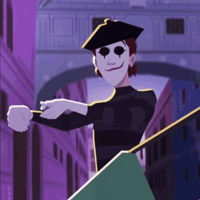 a cartoon character wearing a black beret and a white mask