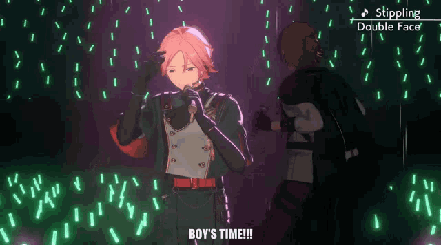 a boy singing into a microphone with the words boy 's time written below him