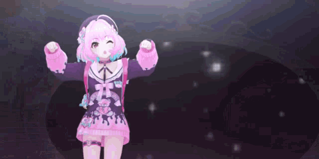 a pink and purple anime girl is standing in front of a dark background .