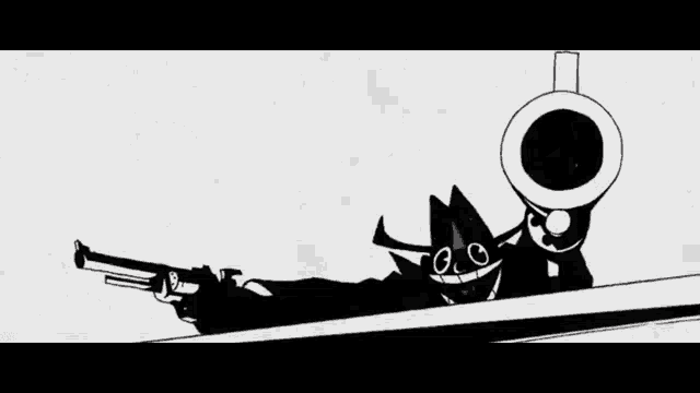 a black and white cartoon character is holding a gun and smiling