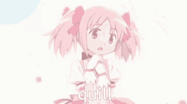 a close up of a pink anime character with the word quit written on the bottom