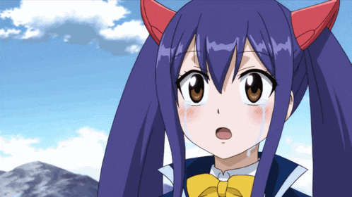 a girl with purple hair and red horns has tears running down her face