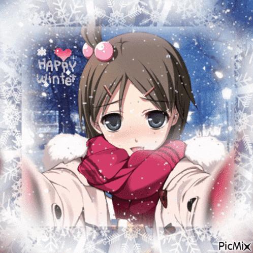 a picture of a girl with the words happy winter written on it