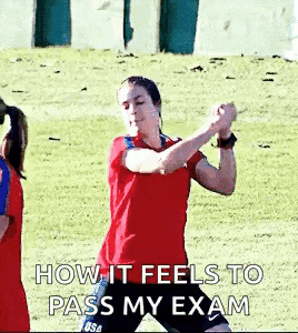 a woman in a red shirt is dancing on a field with the words how it feels to pass my exam below her