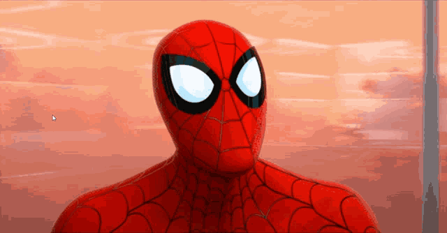 a close up of a spider man 's face with a blue arrow pointing to the left