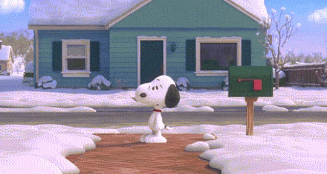 snoopy is standing in front of a house with snow on the ground
