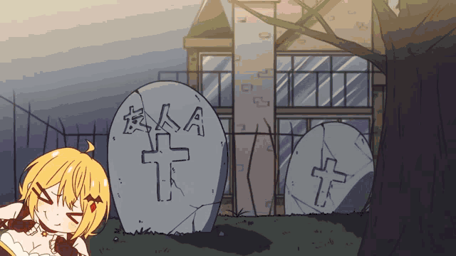 a cartoon drawing of a girl standing in front of a gravestone with a cross on it