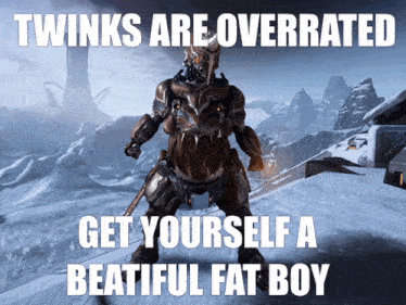 a picture of a video game character that says twinks are overrated get yourself a beatiful fat boy