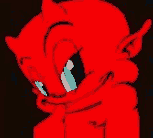 a red devil with horns and a blue eye is smiling and looking at the camera .