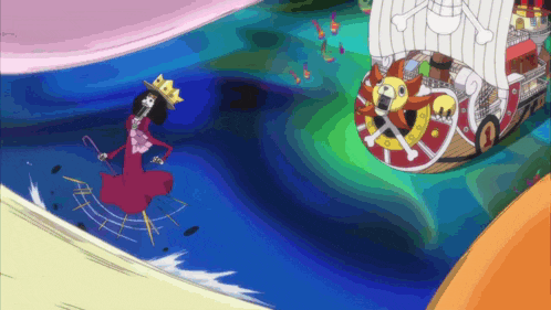 a woman in a red dress is standing next to a large ship with a skull and crossbones on it
