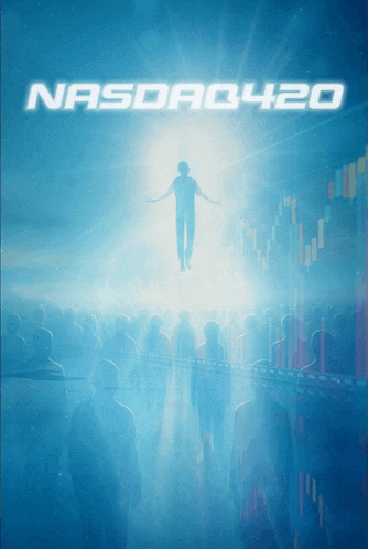 a poster for nasdaq420 with a silhouette of a man flying through the air