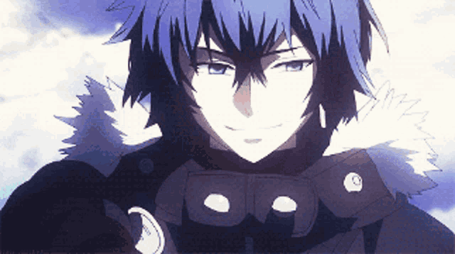 a close up of a person with blue hair and a black jacket