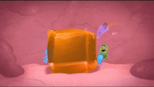 a cartoon drawing of a cube surrounded by bacteria on a pink surface