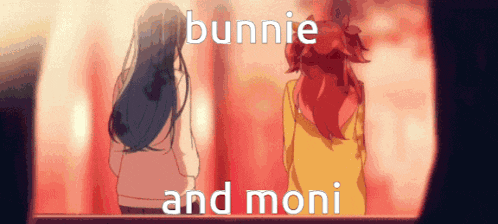 two anime girls standing next to each other with the words " bunnie and moni " written on the bottom