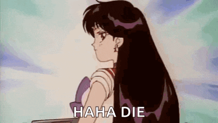 a cartoon of a girl with long hair and the words `` haha die '' written on it .