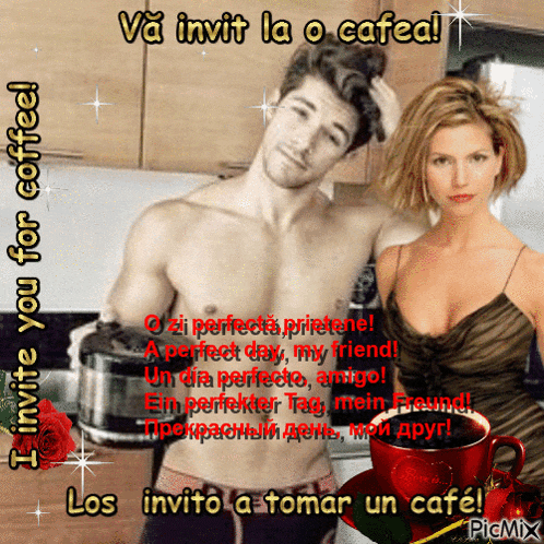 a man and a woman are standing next to each other with a cup of coffee in front of them