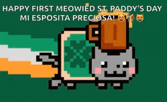a pixel art of a cat with a bag on its head and the words happy first meowied st. paddy 's day