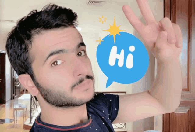 a man giving a peace sign with a speech bubble that says hi on it