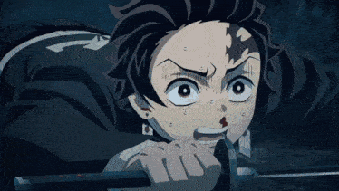 a close up of a person holding a sword with a surprised look on his face