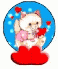 a cat is sitting inside of a snow globe holding a red heart .