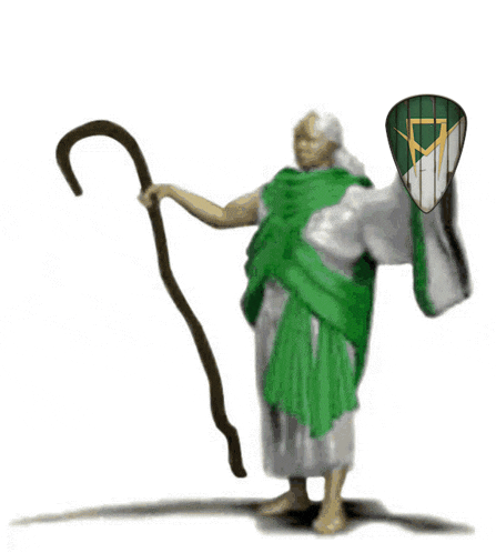 a drawing of a man holding a cane and a shield with the word wololo written above him