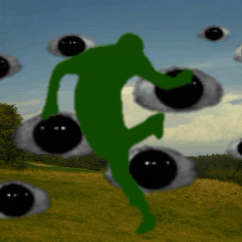 a green silhouette of a person is surrounded by black eyes in a field