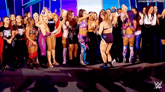 a group of women are standing on a stage in front of a sign that says wwe .