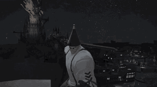 a man in a white shirt and suspenders holds a gun in front of a burning castle