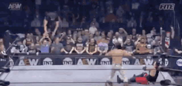 a blurry picture of a wrestling match with a crowd in the stands .