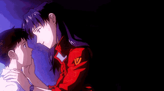 a woman in a red jacket with the letter v on it holds a man 's hand