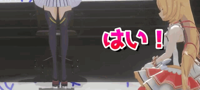 a girl in a red and white dress is standing next to another girl in purple socks