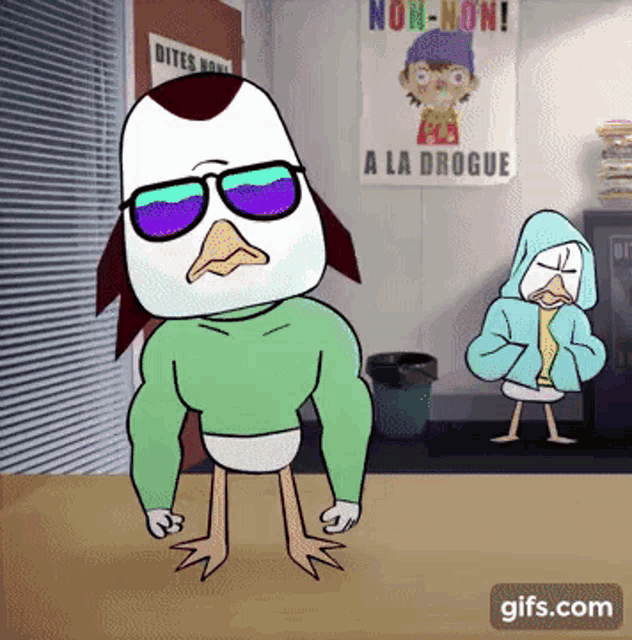 a cartoon duck wearing sunglasses stands in front of a poster that says non-non a la drogue