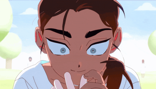 a close up of a cartoon character 's face with a blue eye