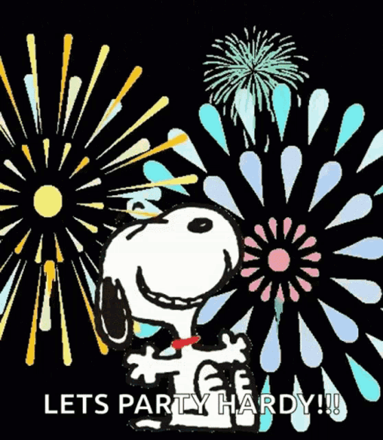 snoopy is holding a fireworks display with the words `` lets party hardy '' written on it .